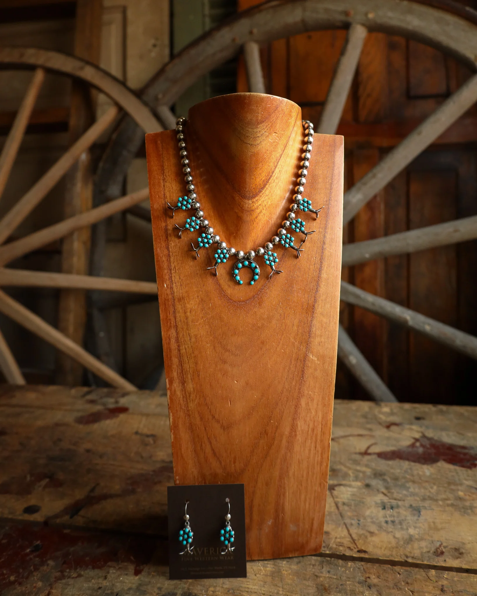 Peyote Bird Turquoise Dots Flowers Naja Squash Blossom Necklace And Earring Set - Image 6