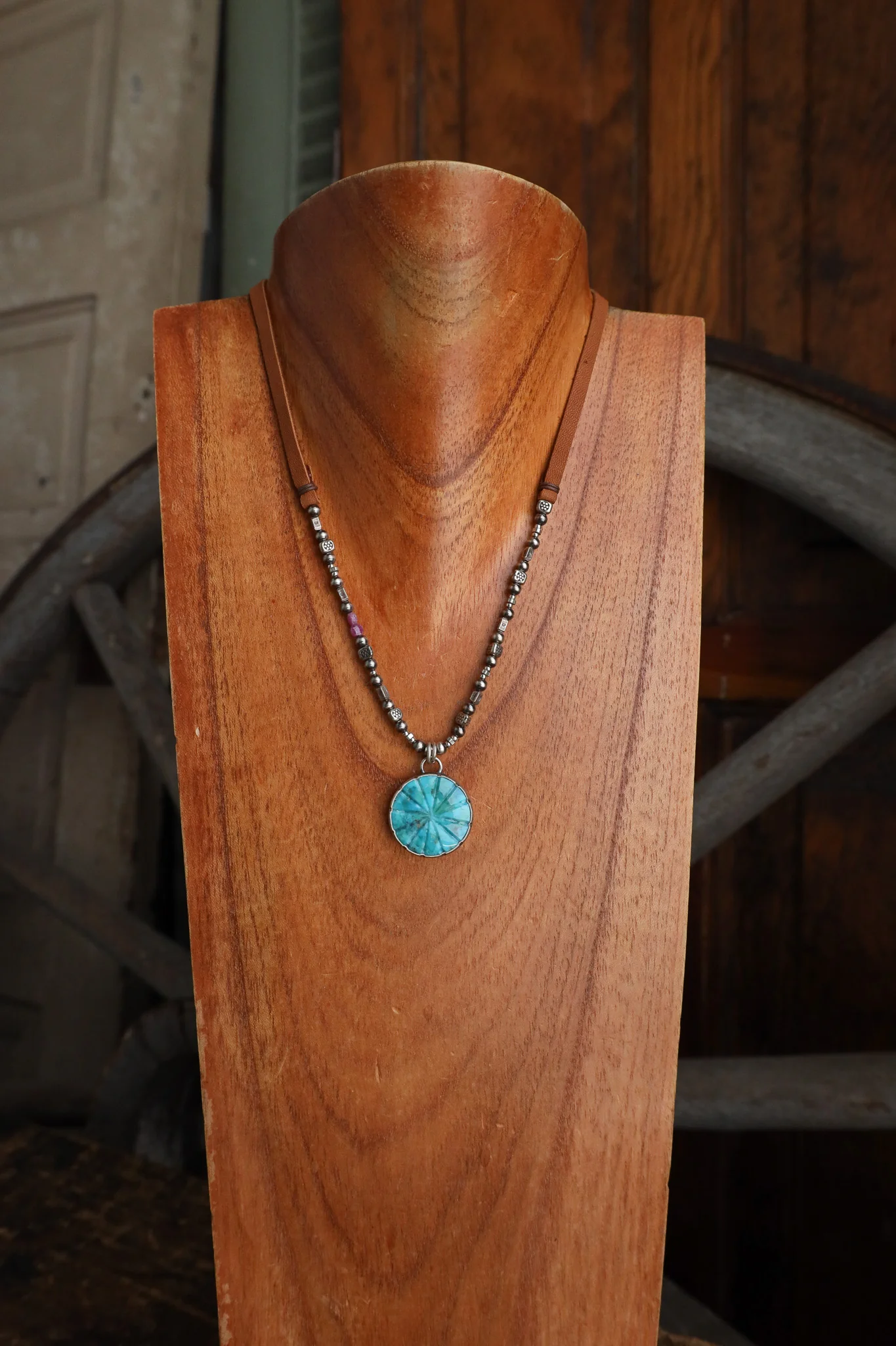 Peyote Bird Sendero Turquoise Pendant Rubies Sterling Silver Beads Necklace - Image 2