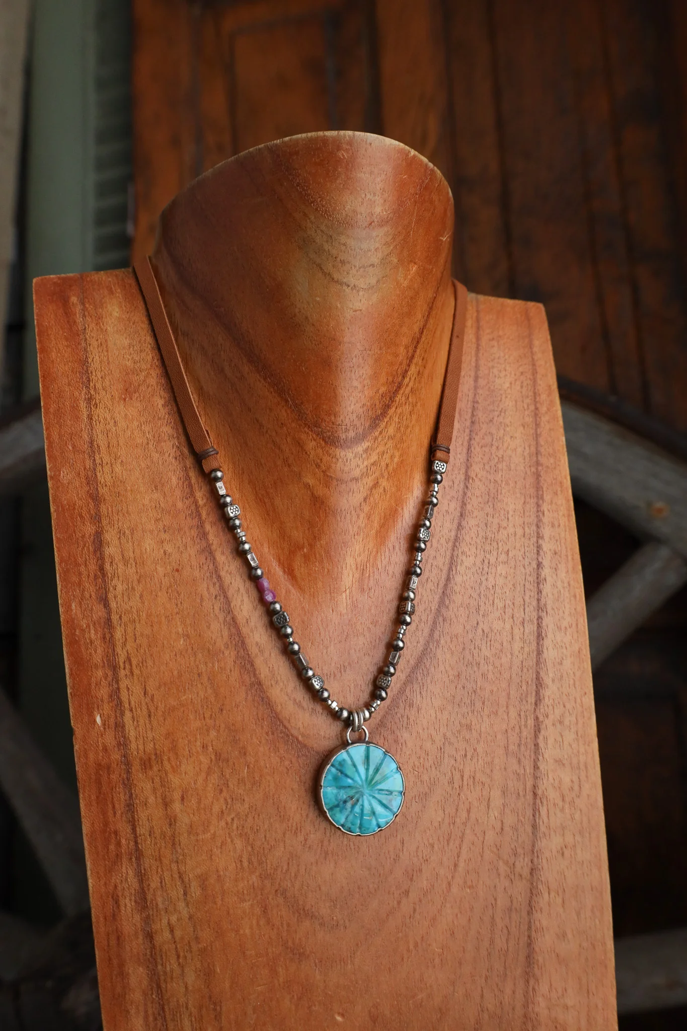 Peyote Bird Sendero Turquoise Pendant Rubies Sterling Silver Beads Necklace - Image 3