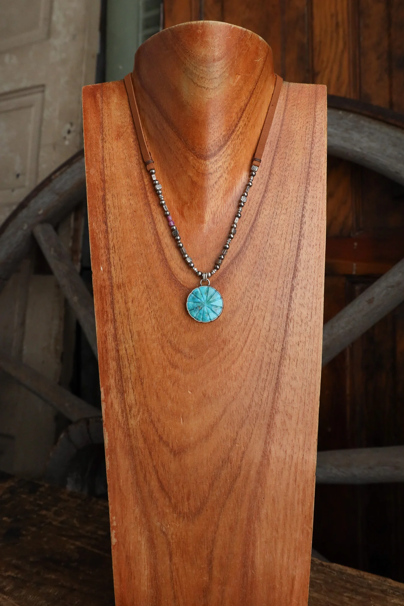 Peyote Bird Sendero Turquoise Pendant Rubies Sterling Silver Beads Necklace - Image 4