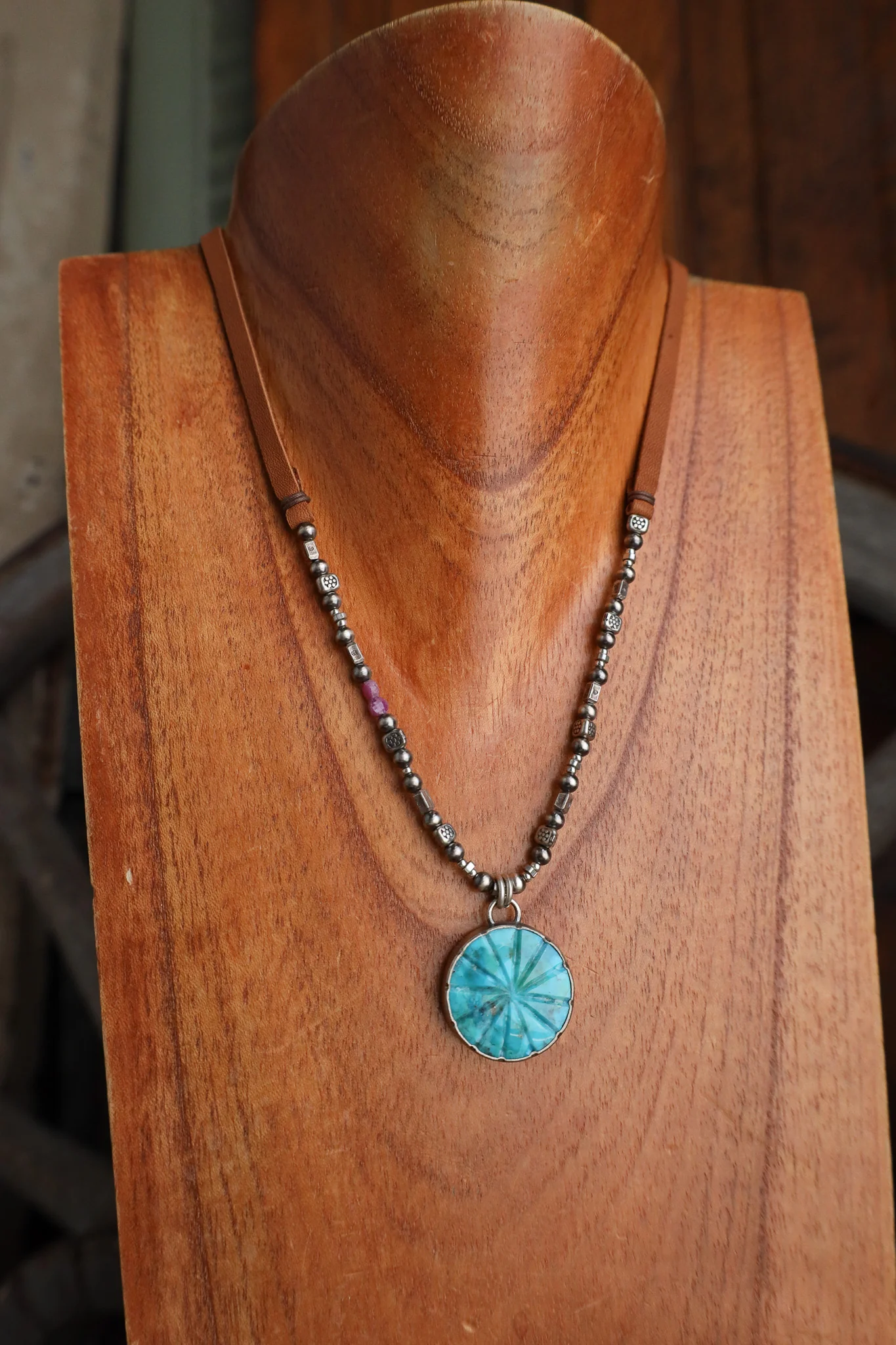 Peyote Bird Sendero Turquoise Pendant Rubies Sterling Silver Beads Necklace - Image 6