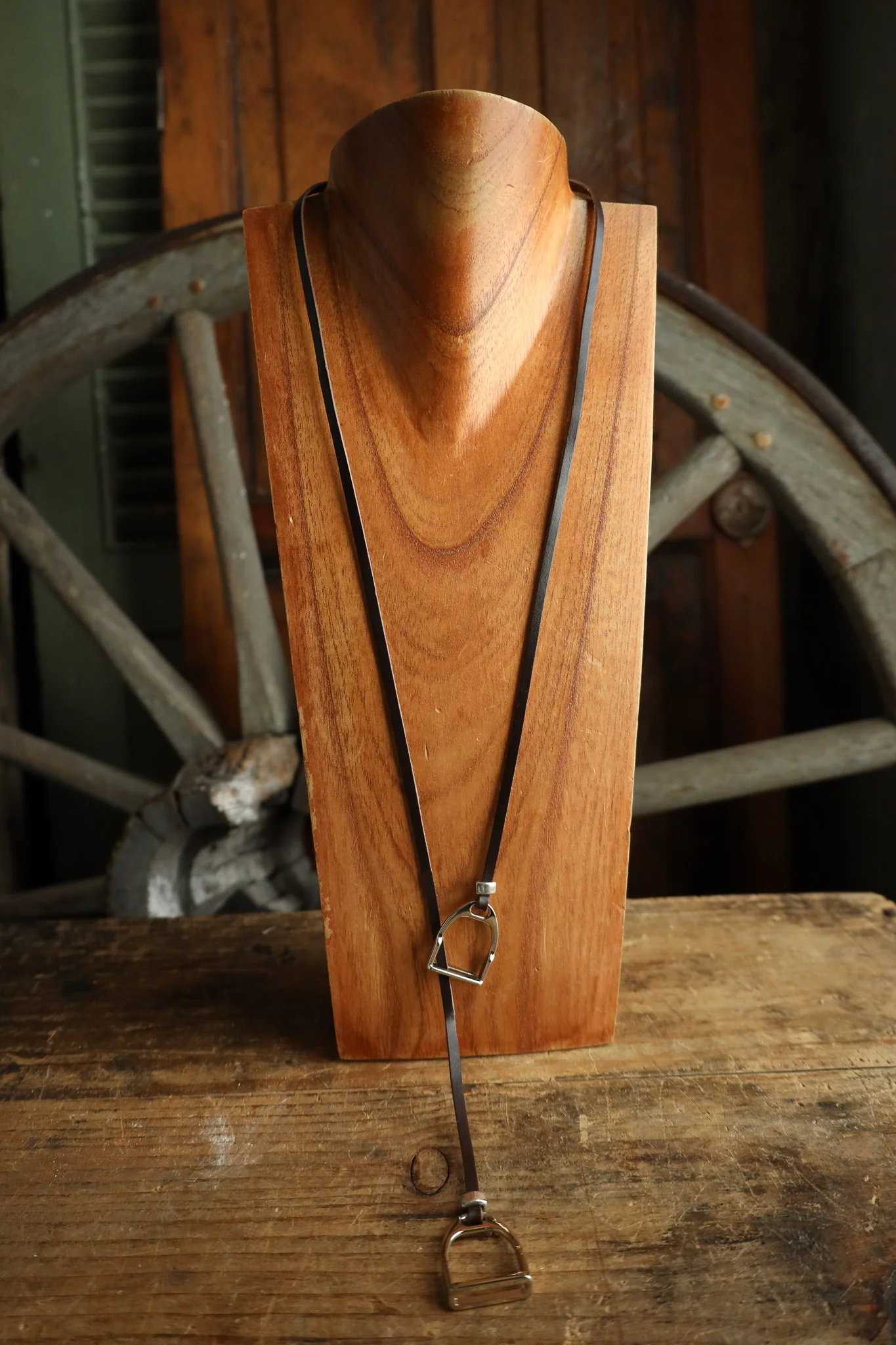 V2 Designs Silver Stirrups Leather Lariat Necklace
