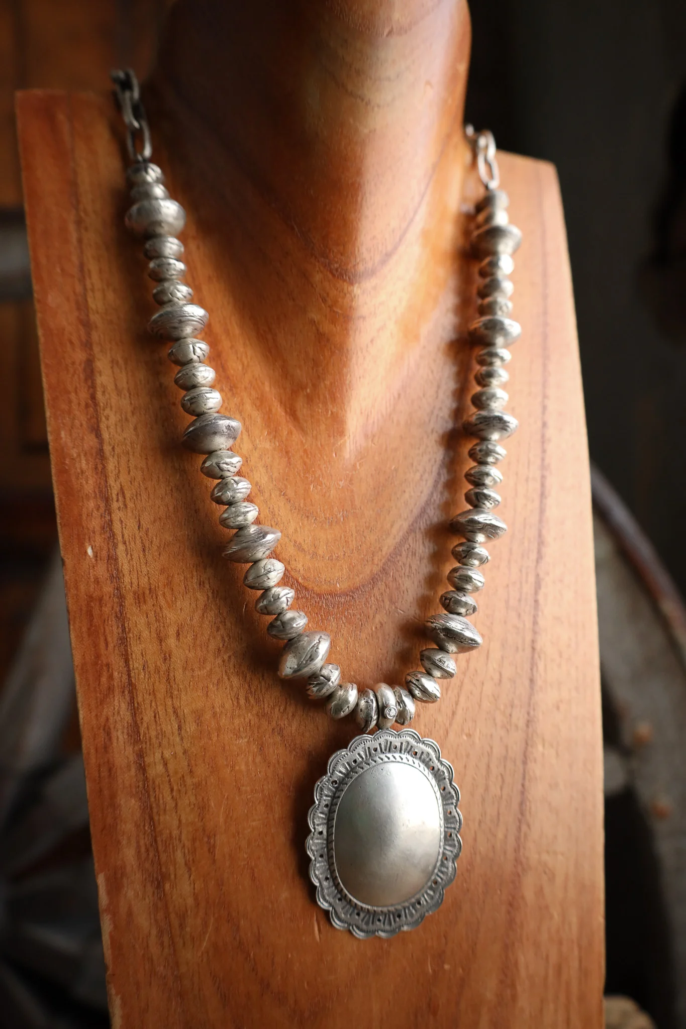 Love Tokens Sterling Silver Beads Oval Concho Diamond Necklace - Image 2