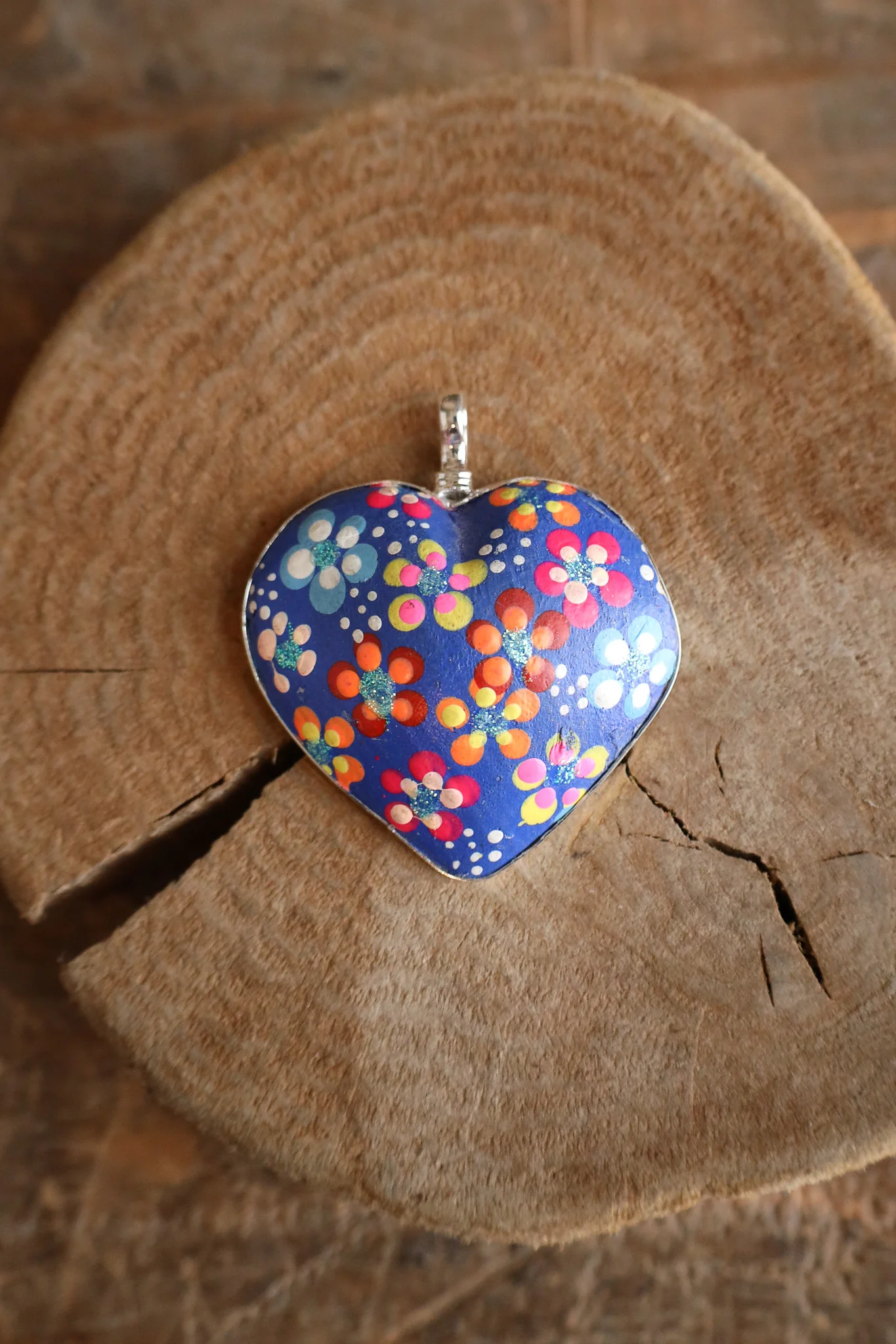 Coreen Cordova Blue Heart With Flowers Pendant