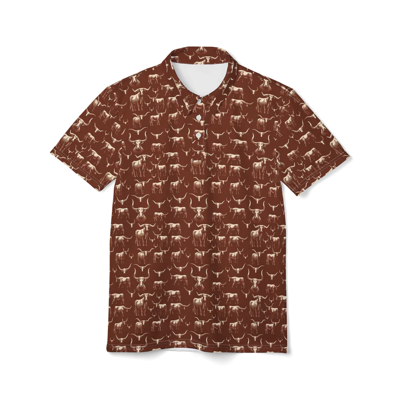 Texas Eclipse Outfitters Wild Steer: Fiery Longhorn Golf Polo