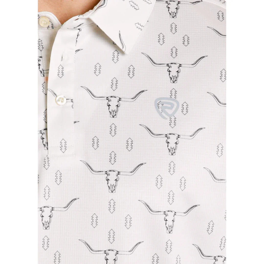 Rock & Roll Denim Men's Natural Longhorn Printed Mesh Polo Shirt - Image 3