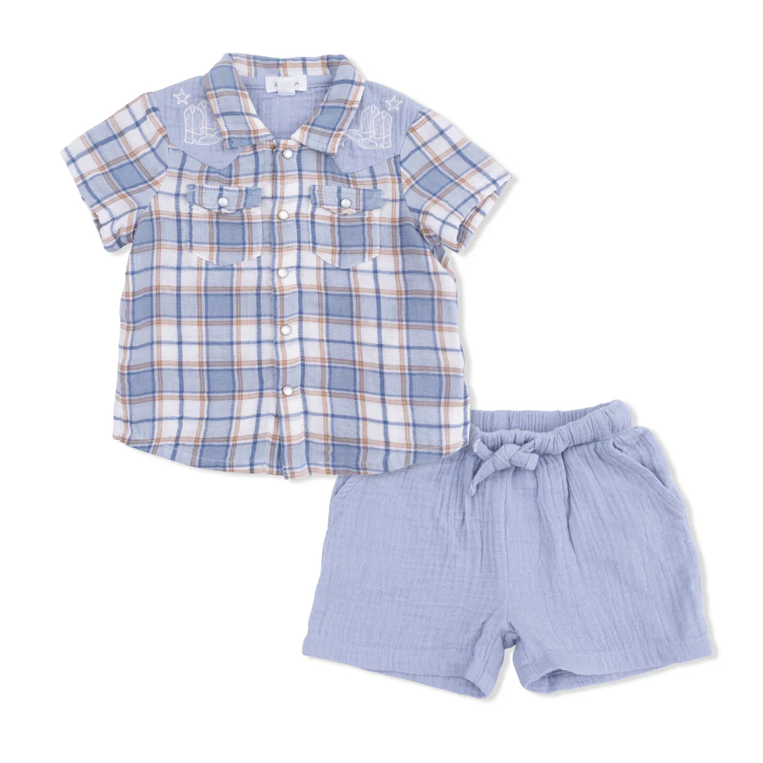 Angel Dear Western Boot Plaid  Short Sleeve Western Pearl Snap Shirt with Casual Short - Image 2