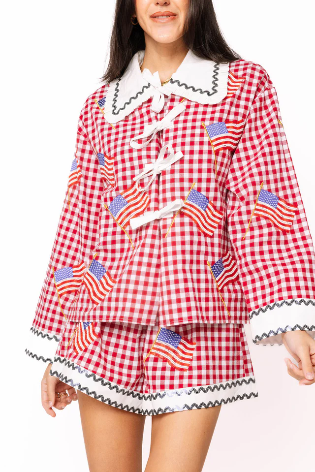 Queen of Sparkles Red & White Gingham American Flag Short