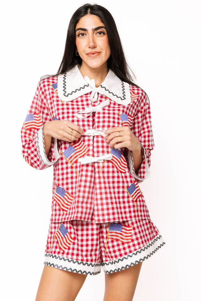 Queen of Sparkles Red & White Gingham American Flag Short - Image 2