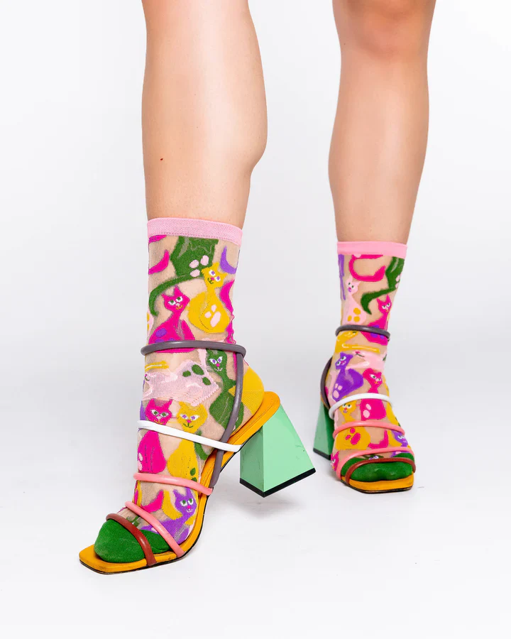 SOCK CANDY Dopamine Cats Sheer Crew Sock