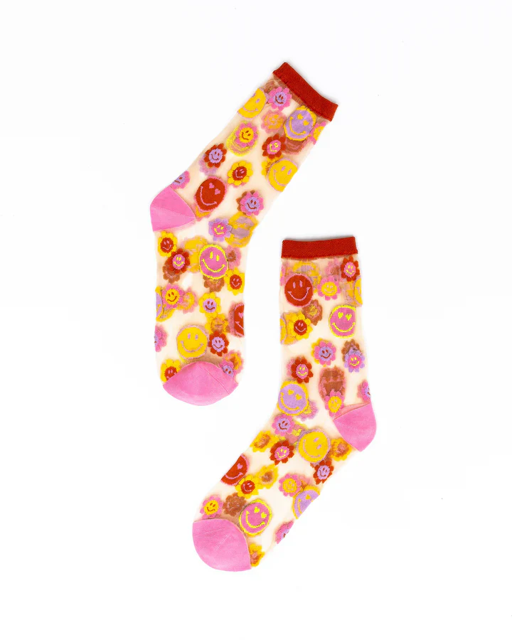 SOCK CANDY Smiley Face Daisy Sheer Crew Sock - Image 2