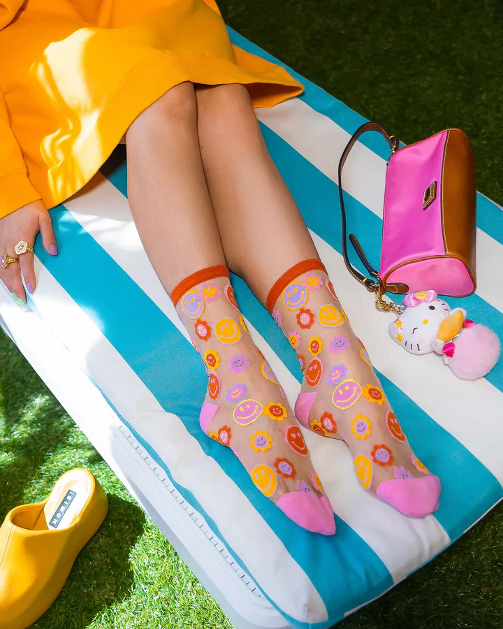 SOCK CANDY Smiley Face Daisy Sheer Crew Sock - Image 3