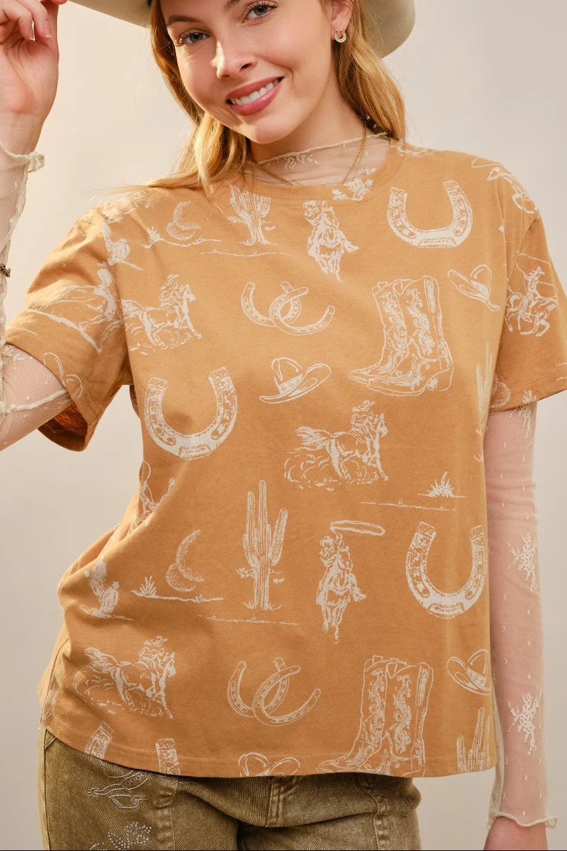 Blue B Round Neck Western Graphic Tee
